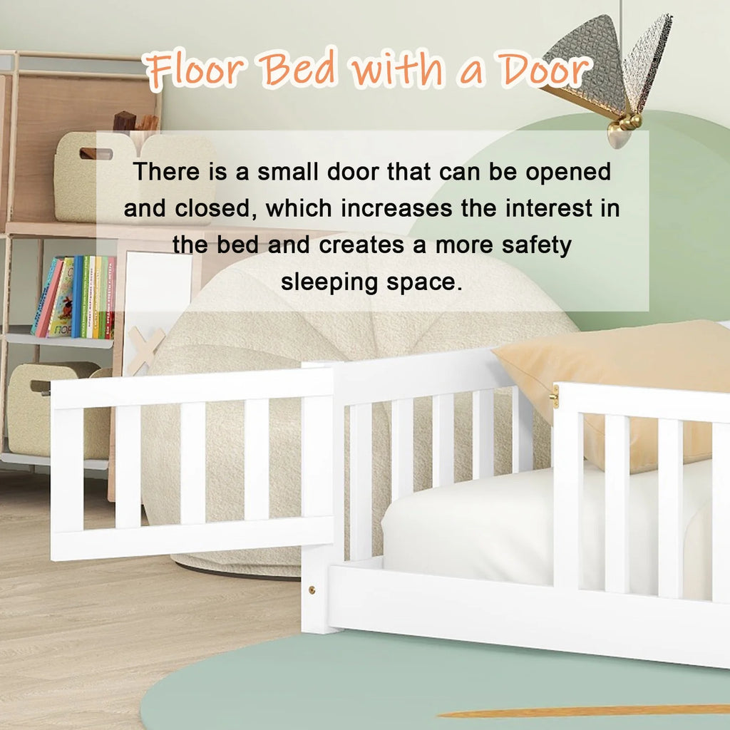 Bellemave Twin Size Floor Beds, Wood Montessori Bed with Fence Railings & Support Slats, No Box Spring Needed (Gray