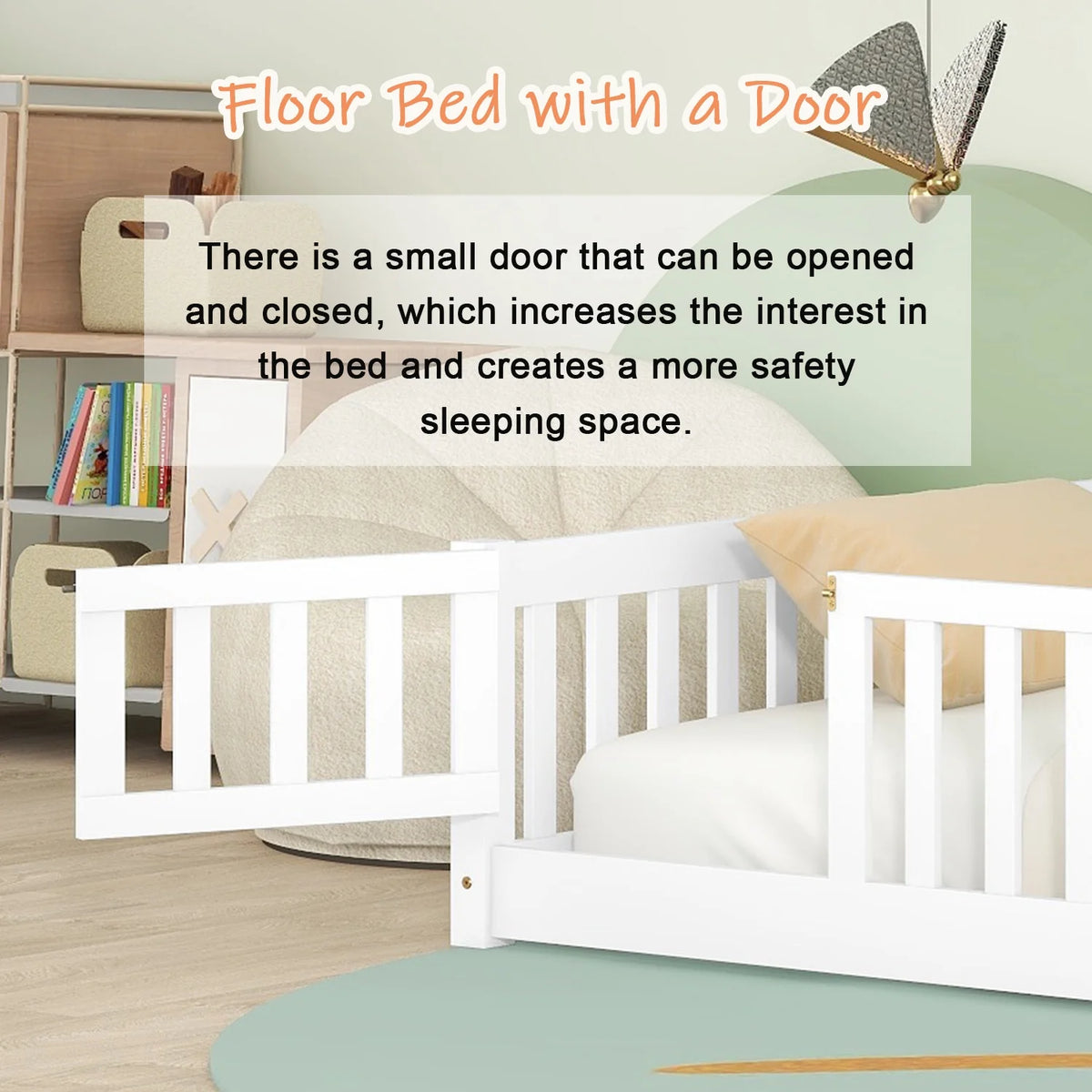 Bellemave Twin Size Floor Beds, Wood Montessori Bed with Fence Railings & Support Slats, No Box Spring Needed (Gray