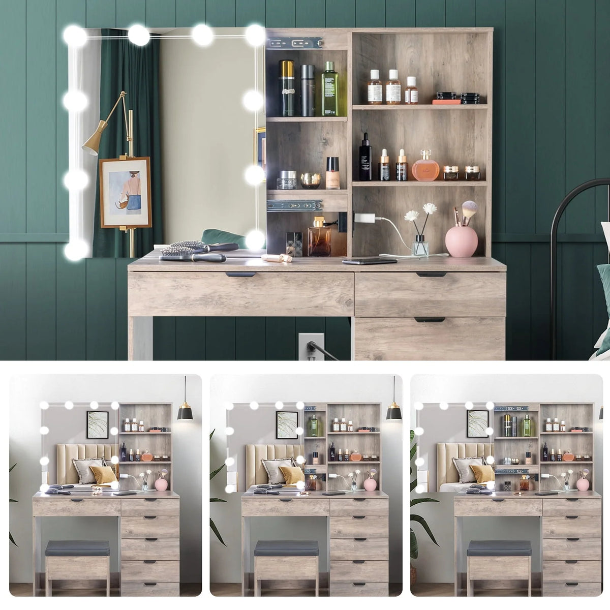 Ktaxon Vanity Set with 3 Color Lighted Mirror & Charging Station, Makeup Table with 6 Drawers, Dressing Table Makeup Desk with Stool, Retro Gray