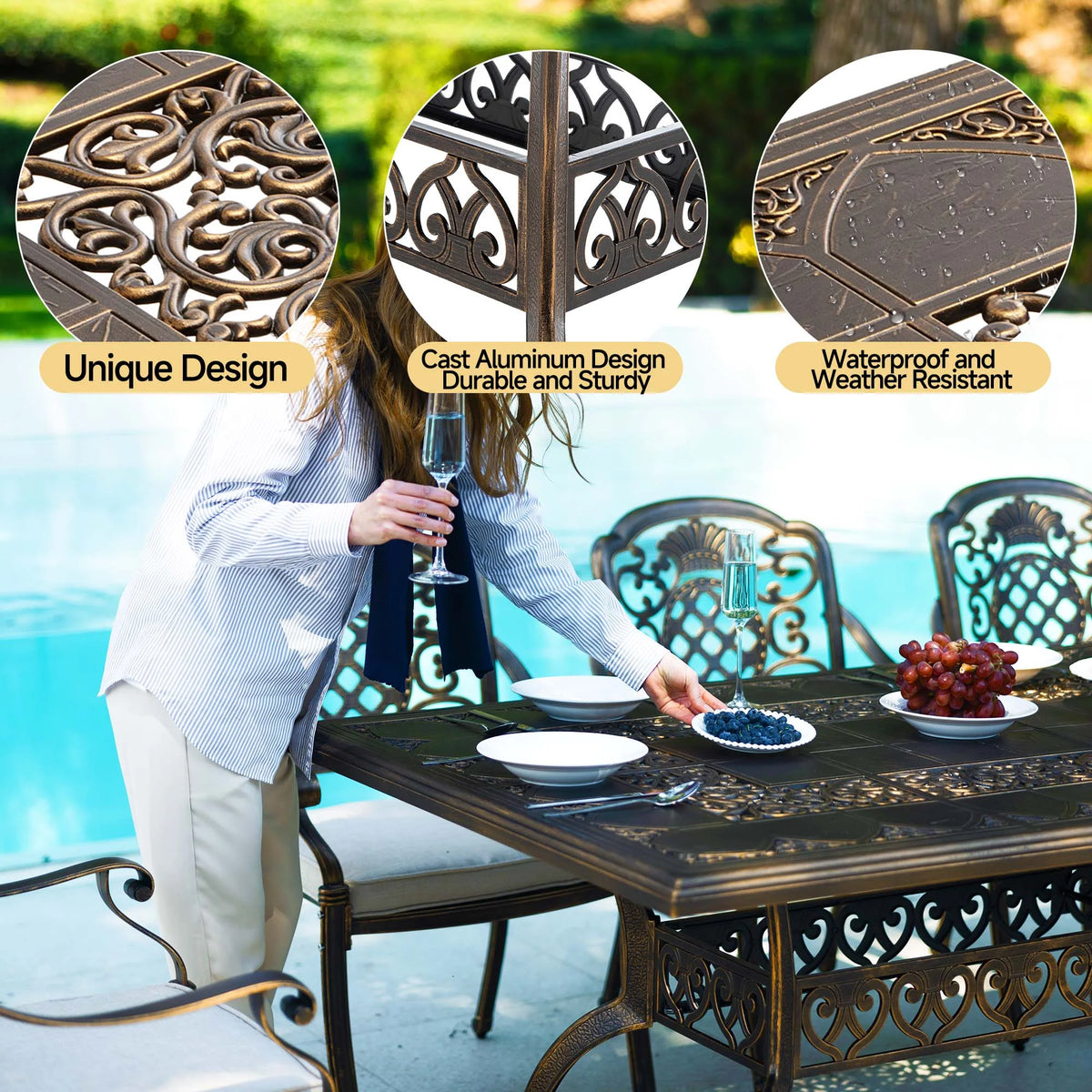 7 - Piece Patio Furniture Dining Set, All - Weather Cast Aluminum Outdoor Table and Chairs for 6, Includes 4 Dining Chair & 2 Swivel Chairs & 60 Rectangular Table, Beige