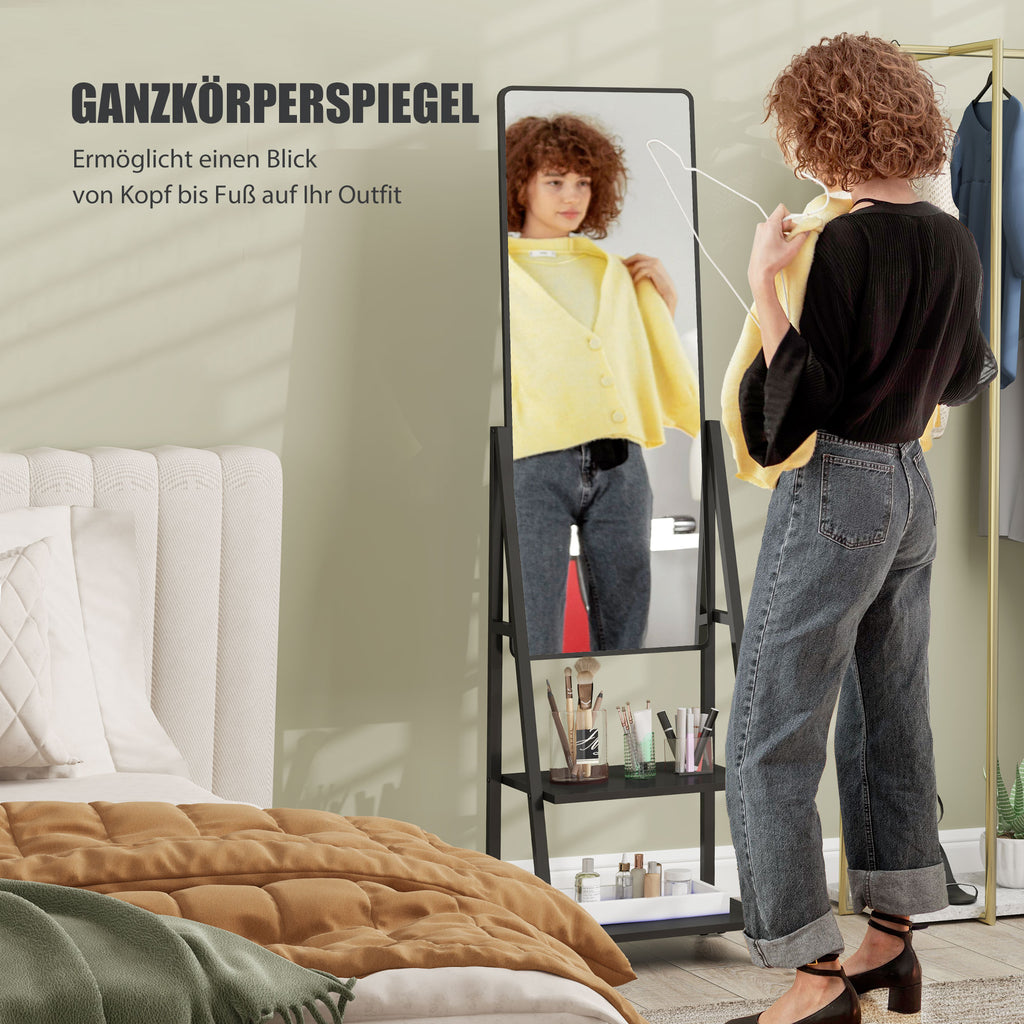 HOMCOM Rollbarer Ganzkörperspiegel mit 2 Regalen und 4 Rädern, für Schlafzimmer, Wohnzimmer, Flur, Schwarz