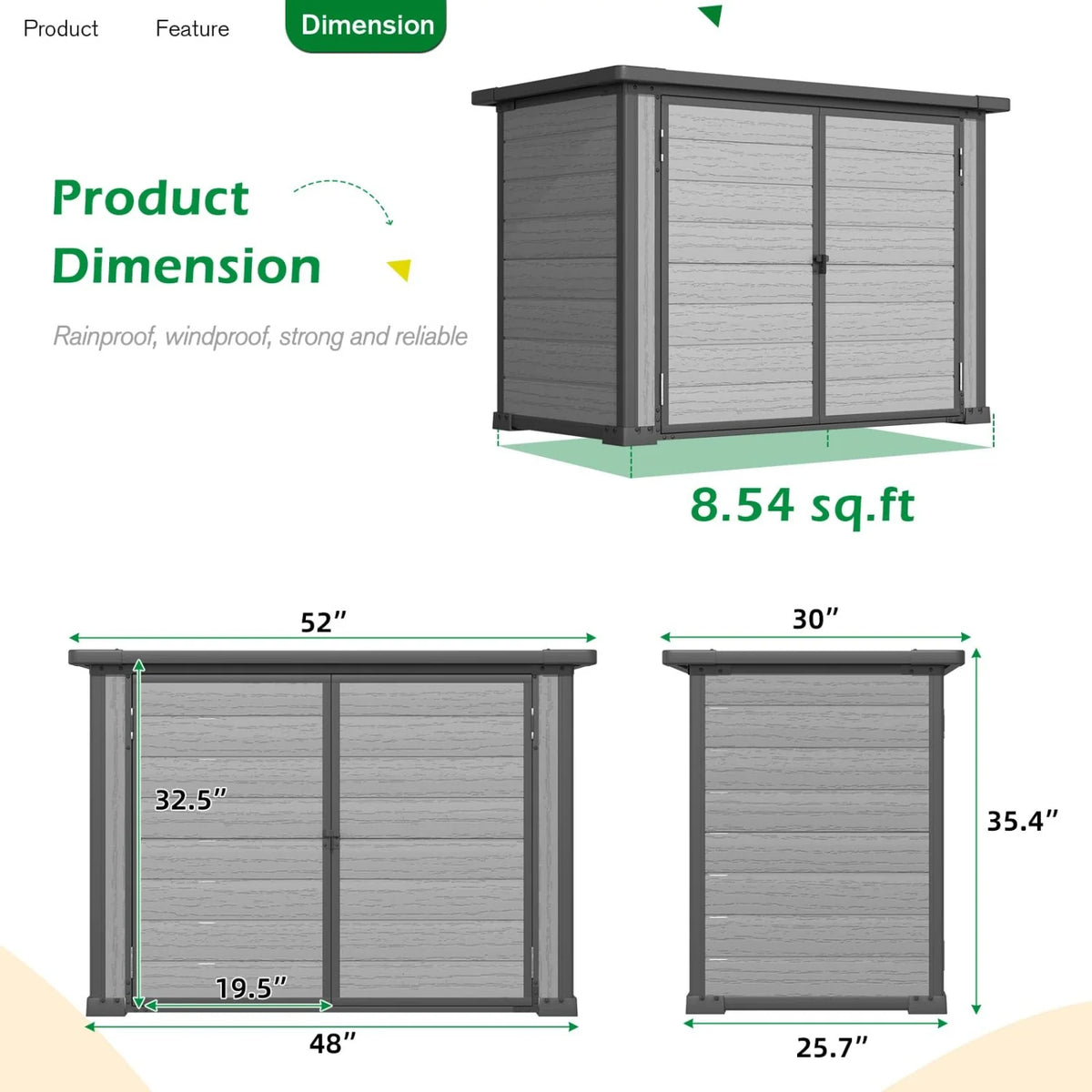 AECOJOY Resin Outdoor Storage Cabinet 23 Cu.Ft Plastic Trash Can Storage Shed with Base