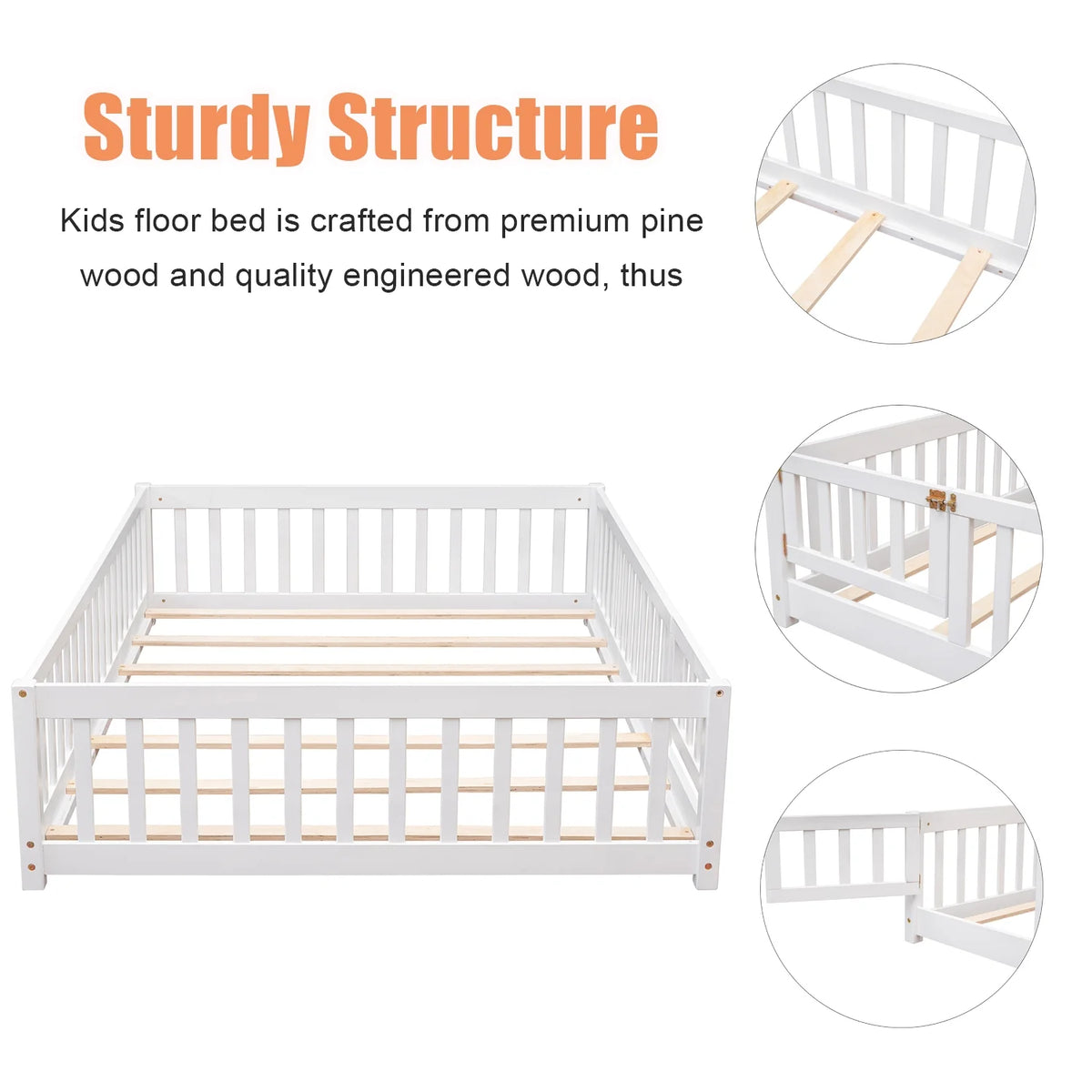 Bellemave Twin Size Floor Beds, Wood Montessori Bed with Fence Railings & Support Slats, No Box Spring Needed (Gray