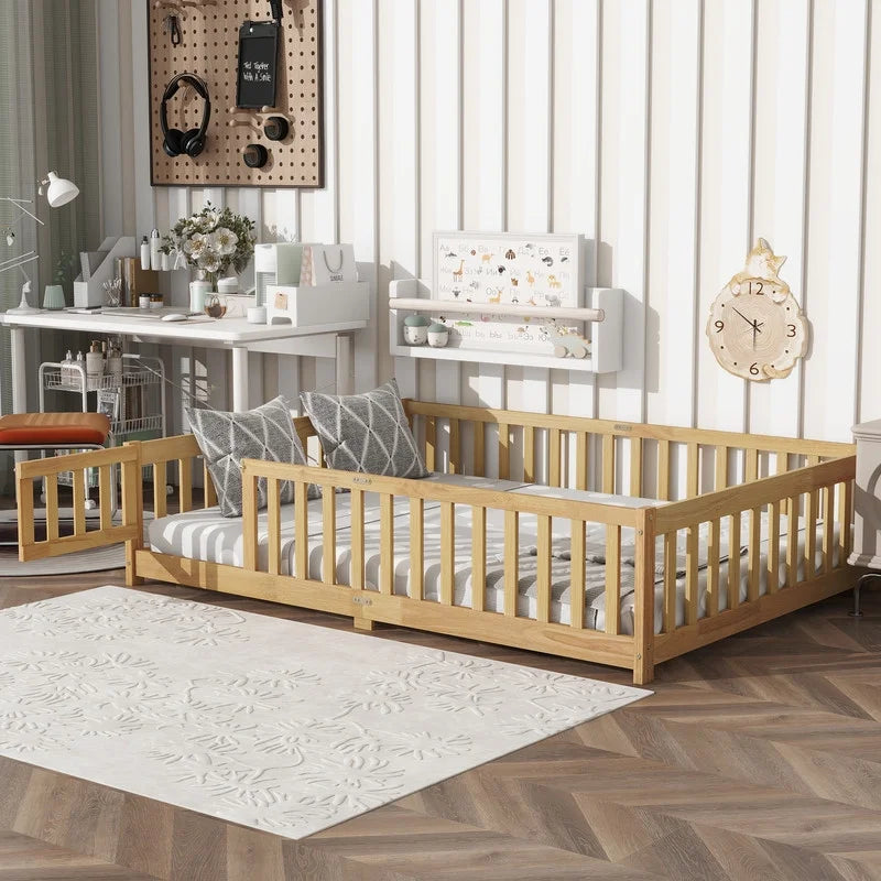 Bellemave Twin Size Floor Beds, Wood Montessori Bed with Fence Railings & Support Slats, No Box Spring Needed (Gray