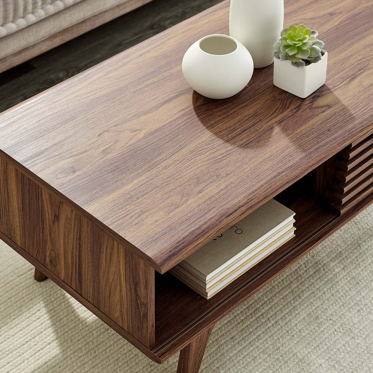 Coffee Table, Wood, Brown Walnut, Modern Contemporary Urban Design, Living Lounge Room Hotel Lobby Hospitality