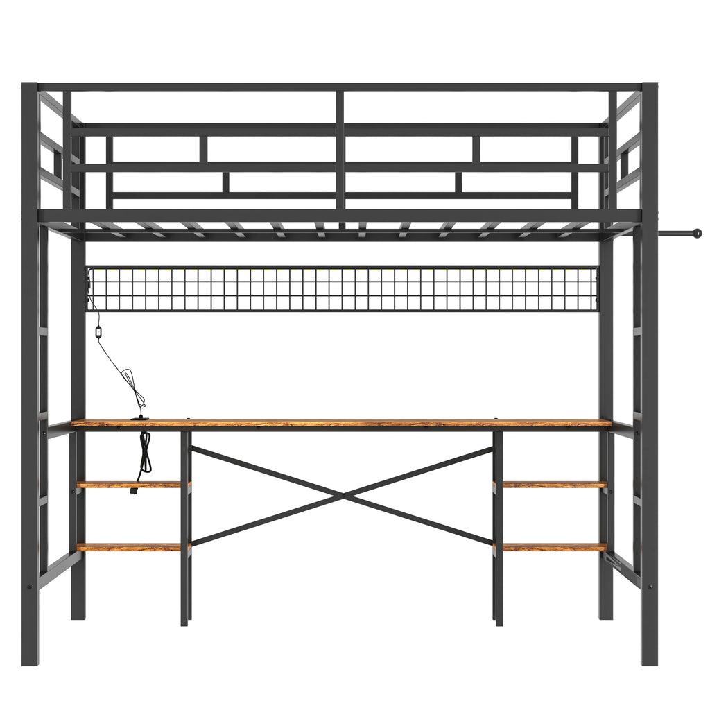Twin Loft Bed with Desk, UHOMEPRO Metal Loft Bed with LED Lights, Charge Station, DIY Mesh, Clothes Rail, 4 Storage Shelves, Safety Rails and 2 Ladders, Loft Bed for Teen Adult, Black