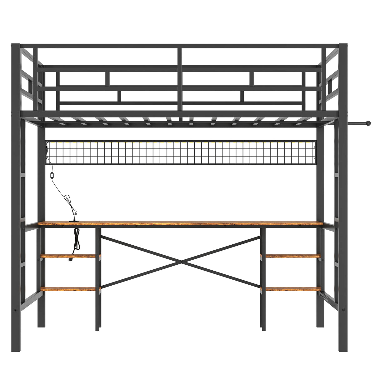 Twin Loft Bed with Desk, UHOMEPRO Metal Loft Bed with LED Lights, Charge Station, DIY Mesh, Clothes Rail, 4 Storage Shelves, Safety Rails and 2 Ladders, Loft Bed for Teen Adult, Black