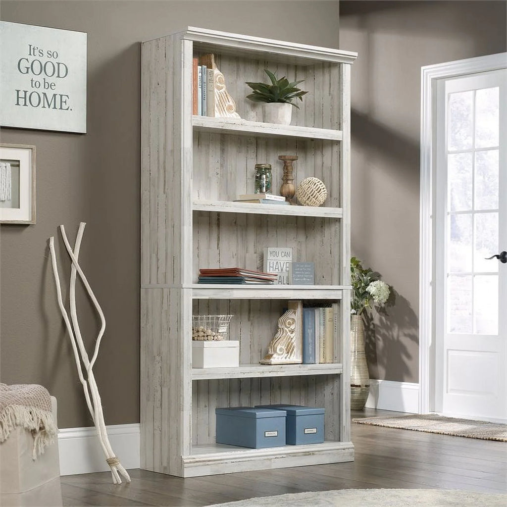 Pemberly Row Contemporary 5 - Shelf Tall Wood Bookcase in White Plank