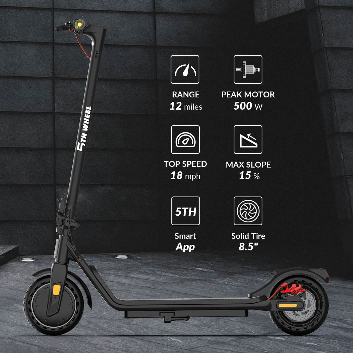 5TH WHEEL W16S 300W Electric Scooter with Turn Signal, 8.5" Solid Tires, 18mph & 12miles Range, Folding Commuting E - Scooter for Adults with APP Control