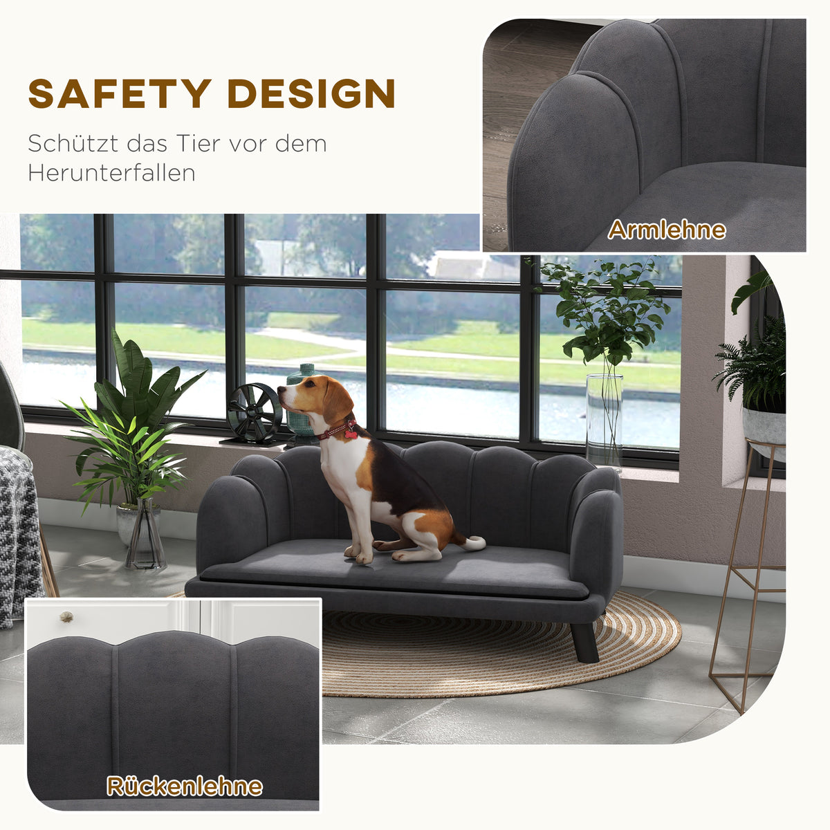PawHut Hundesofa Hundecouch, Waschbarer Bezug, Haustiersofa mit Rückenlehne und Holzbeine, Katzensofa, für mittelgroße Hunde unter 25 kg, Dunkelgrau
