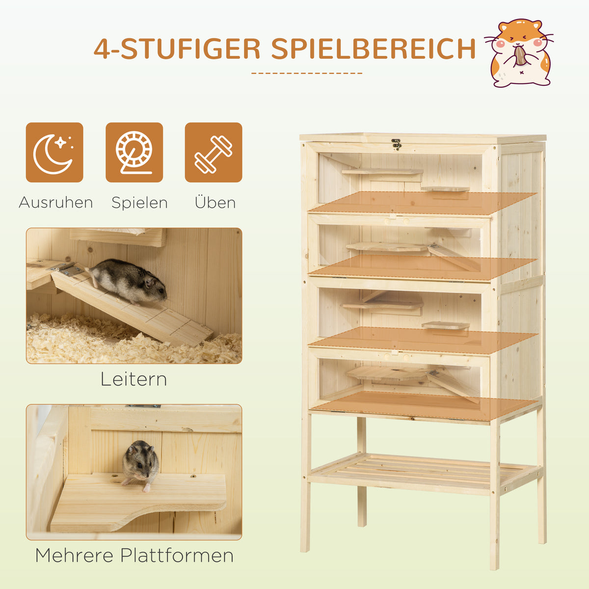 PawHut Hamsterkäfig aus Holz 5 Etagen Nagarium Nagerkäfig Kleintierkäfig mit Gitterdach Rampen, Holzkäfig Mäusekäfig groß Käfig für Hamster Zwerghamster 60 x 40 x 120 cm Naturholz