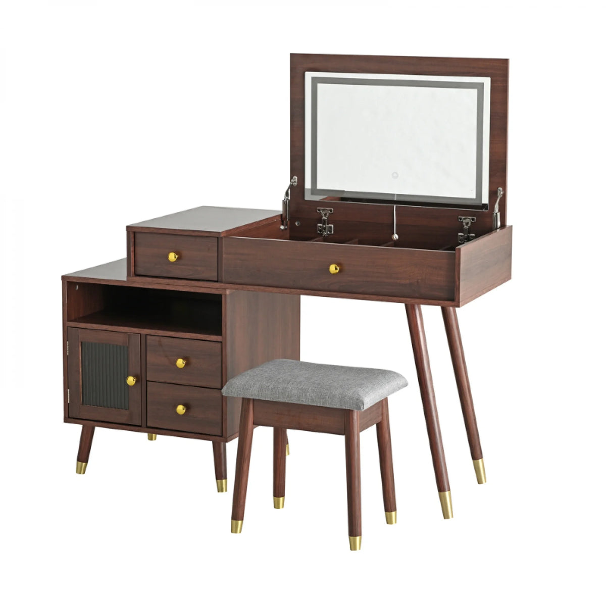 3 - in - 1 Vanity Desk with Lighted Flip - Top Mirror & Adjustable Cabinet, Makeup Dressing Table with Stool, Dresser with Drawers for Bedroom, White