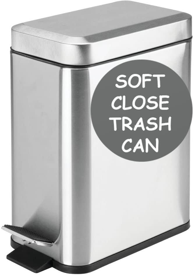 Soft Close Lid, Brushed Stainless Steel, Small Rectangular Trash Can 5L with Anti - Bag Slip Liner and Lid, Use As Mini Garbage Basket, Slim Dust Bin