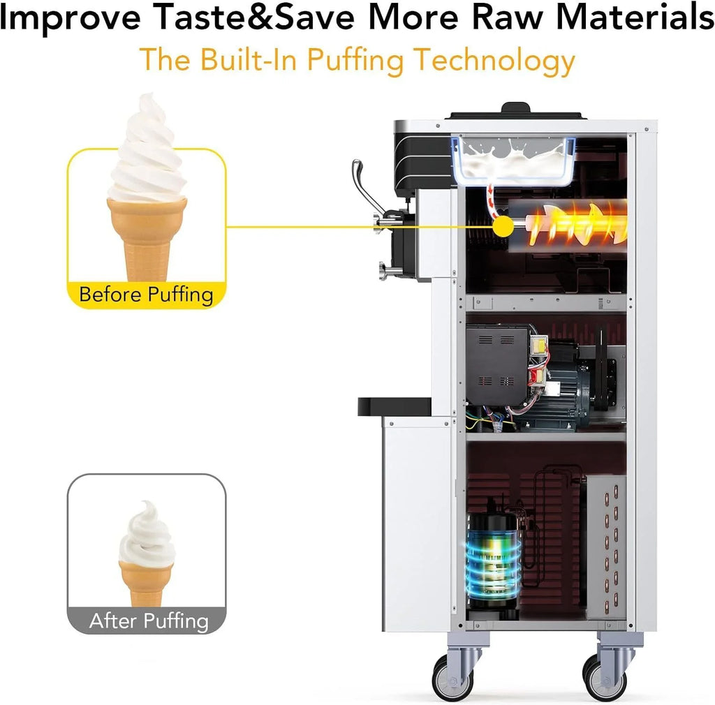 Garvee Commercial Ice Cream Machine 3 - Flavor Floor Soft Serve Yogurt Maker 5.8 - 8gal/H Yield with 2*7 L Hoppers & 2*1.8 L Cylinders
