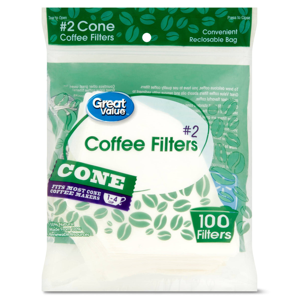 Great Value #2 Cone Coffee Filters, 100 Count