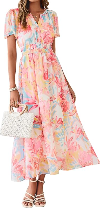 Women Floral Summer Maxi Dress Boho Flowy Casual Chiffon Short Sleeves V Neck Long Wedding Guest Dresses