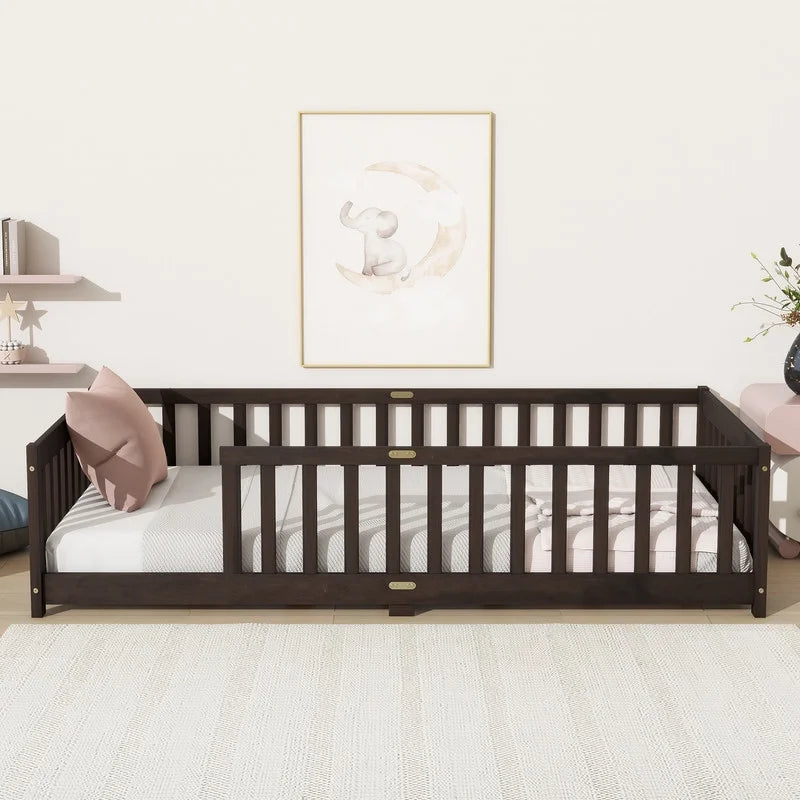Bellemave Twin Size Floor Beds, Wood Montessori Bed with Fence Railings & Support Slats, No Box Spring Needed (Gray