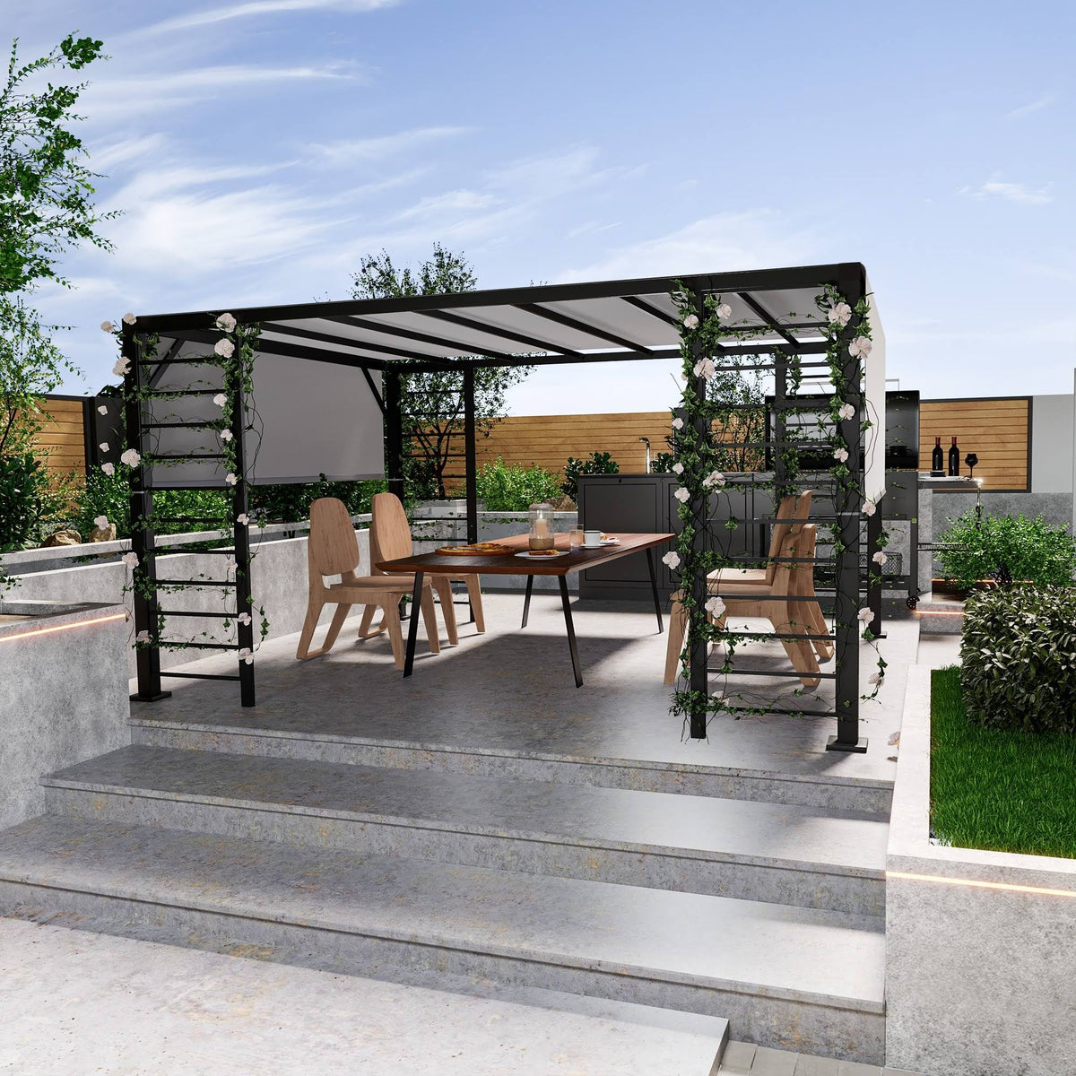 10 ft. x 12 ft. Aluminum Outdoor Pergola with Gray Retractable Shade - Grey