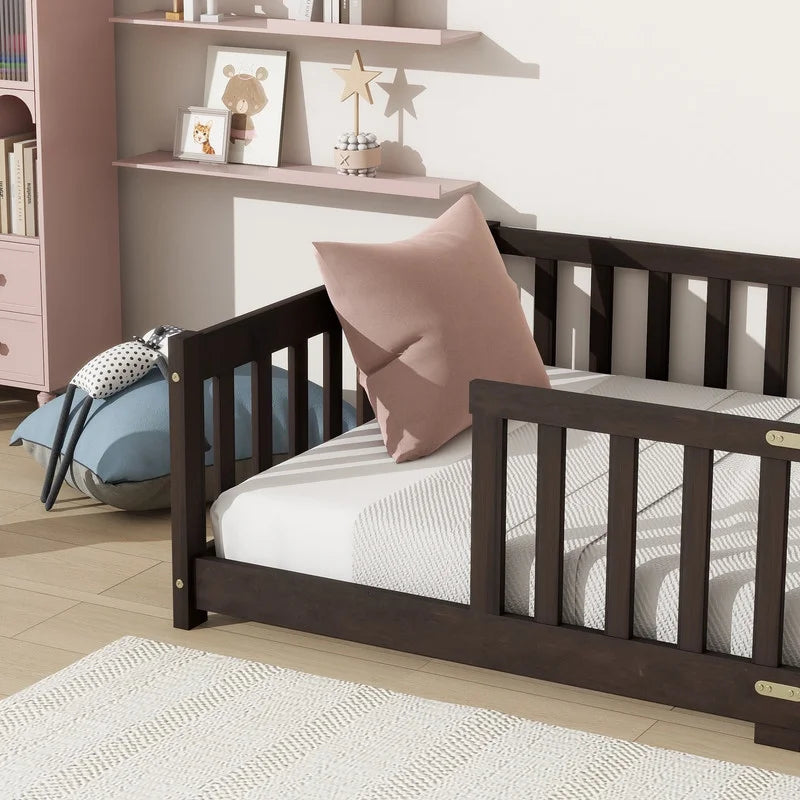 Bellemave Twin Size Floor Beds, Wood Montessori Bed with Fence Railings & Support Slats, No Box Spring Needed (Gray
