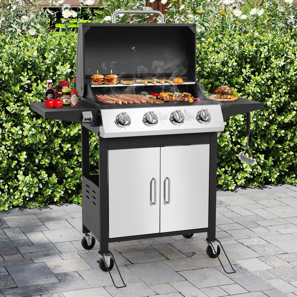 4 - Burner Gas Grill with 4 Universal Wheels & Bottle Opener, 40000BTU Outdoor Grill with Side Table for Camping, Black & Sliver