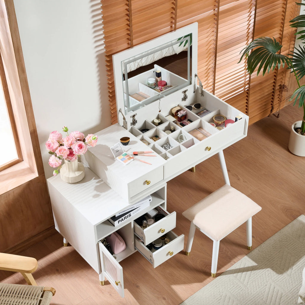 3 - in - 1 Vanity Desk with Lighted Flip - Top Mirror & Adjustable Cabinet, Makeup Dressing Table with Stool, Dresser with Drawers for Bedroom, White