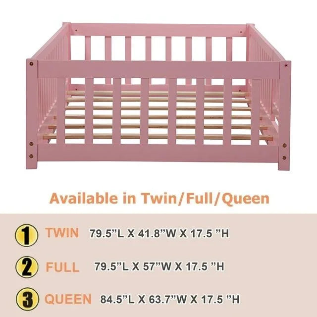Bellemave Twin Size Floor Beds, Wood Montessori Bed with Fence Railings & Support Slats, No Box Spring Needed (Gray