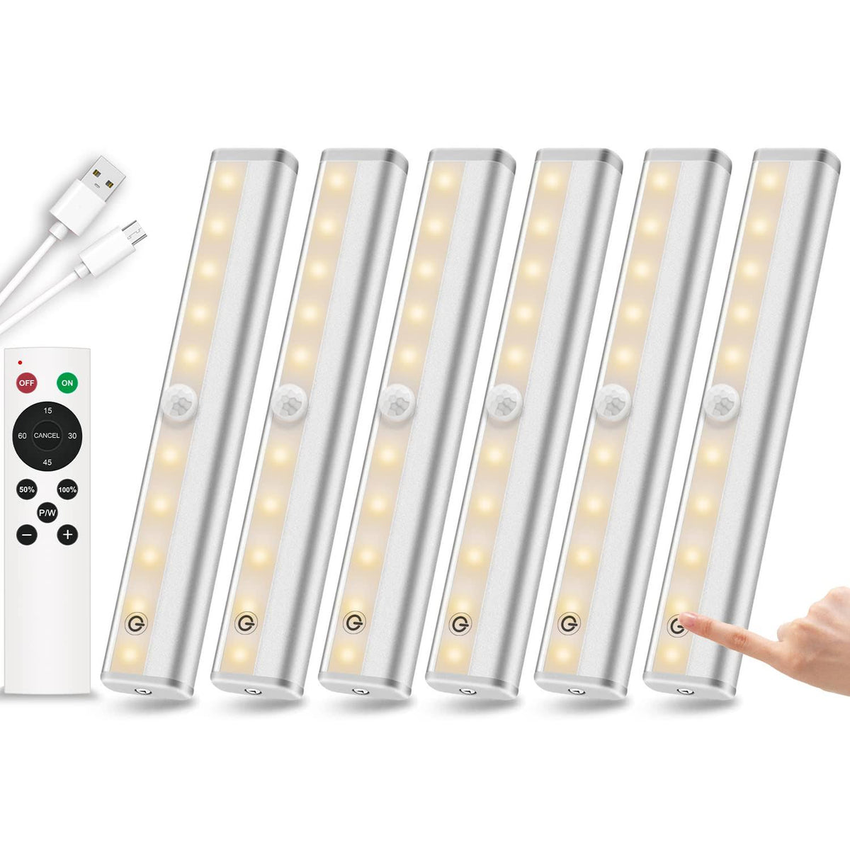 Remote Control Under Cabinet Lighting Wireless 6 Pack 20-LED Dimmable Closet Lights Rechargeable Under Counter Light Stick on Touch Night Light