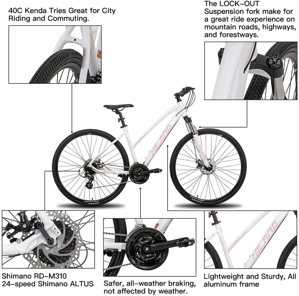 Hiland 700C Hybrid Bicycle Aluminum Shimano 24 Speeds with Lock - Out Suspension Fork Disc Brake City Commuter Comfort Bike