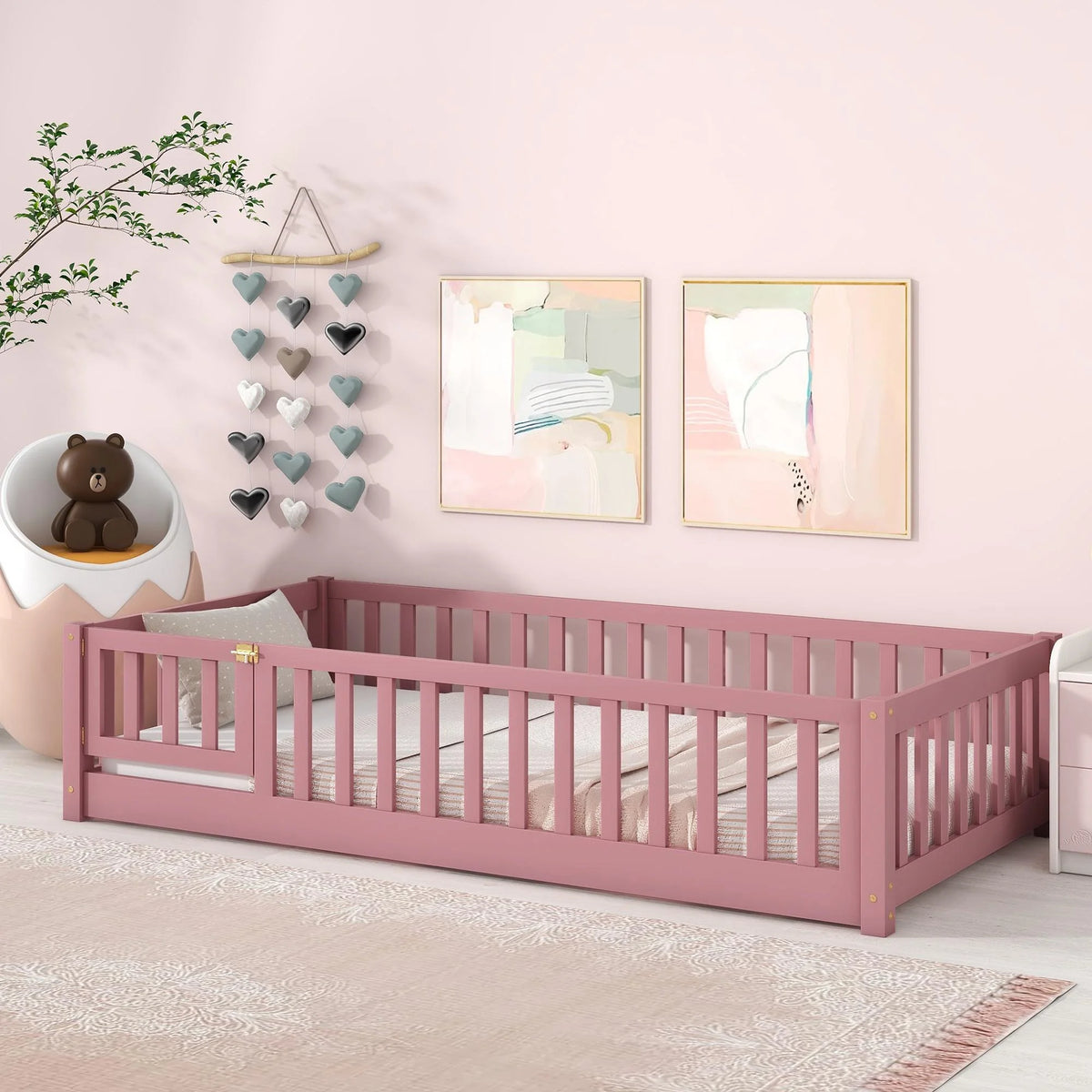 Bellemave Twin Size Floor Beds, Wood Montessori Bed with Fence Railings & Support Slats, No Box Spring Needed (Gray