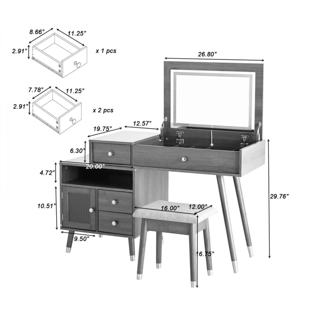 3 - in - 1 Vanity Desk with Lighted Flip - Top Mirror & Adjustable Cabinet, Makeup Dressing Table with Stool, Dresser with Drawers for Bedroom, White