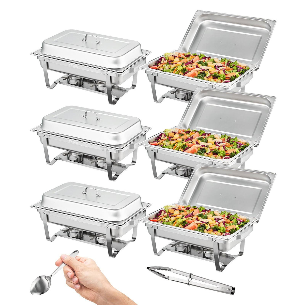 VEVOR Chafing Dish Buffet Set 8 qt 6 Pack Stainless Chafer with 6 Full Size Pans Rectangle Catering Warmer Server with Lid Water Pan Folding Stand