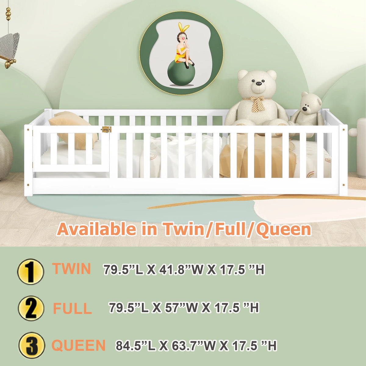 Bellemave Twin Size Floor Beds, Wood Montessori Bed with Fence Railings & Support Slats, No Box Spring Needed (Gray
