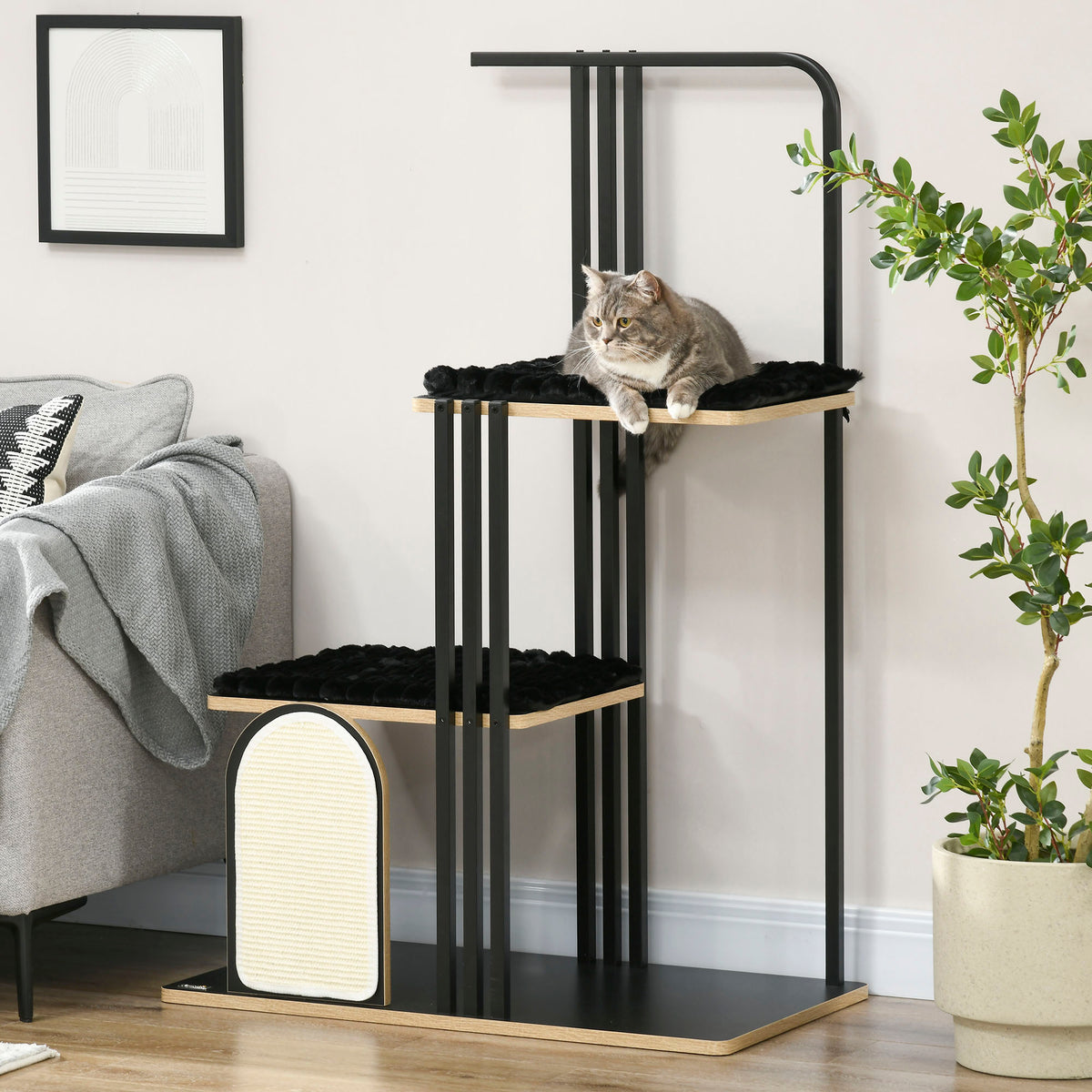 PawHut Kratzbaum, Industrial Design, 2 Plattformen, 2 Liegekissen, Kratzwand, Stahlrahmen, schwarz, 85 x 48 x 128 cm