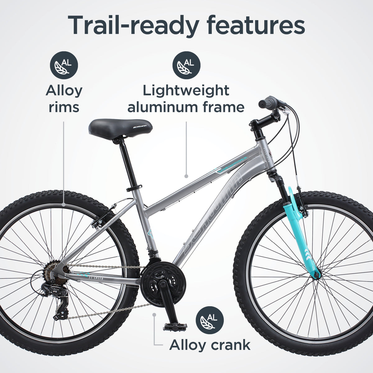 Sidewinder Mountain Bike. 26-inch wheels. womens frame. silver/blue