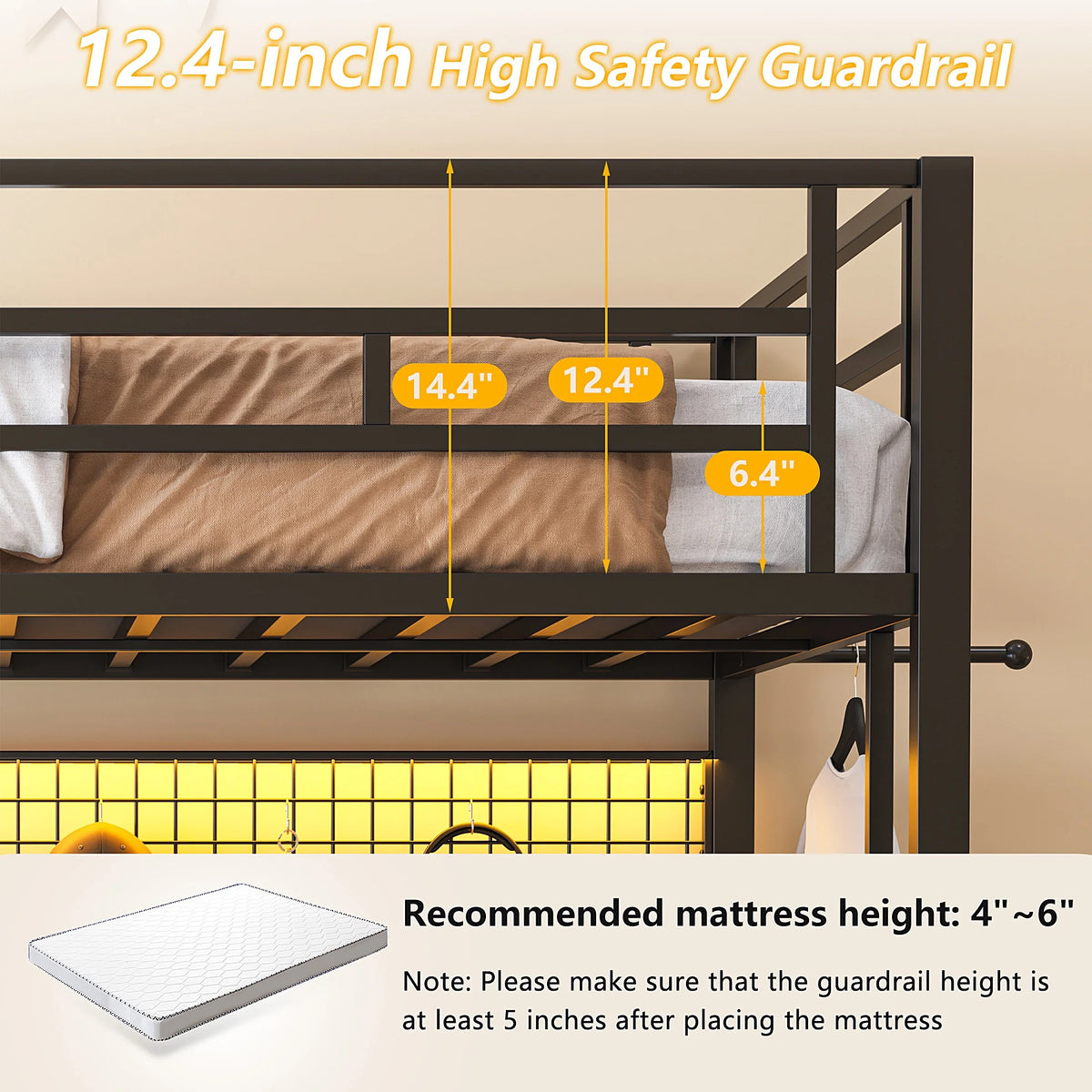 Twin Loft Bed with Desk, UHOMEPRO Metal Loft Bed with LED Lights, Charge Station, DIY Mesh, Clothes Rail, 4 Storage Shelves, Safety Rails and 2 Ladders, Loft Bed for Teen Adult, Black