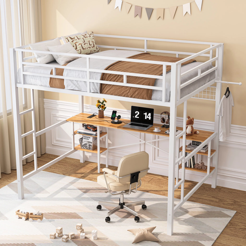 Twin Loft Bed with Desk, UHOMEPRO Metal Loft Bed with LED Lights, Charge Station, DIY Mesh, Clothes Rail, 4 Storage Shelves, Safety Rails and 2 Ladders, Loft Bed for Teen Adult, Black