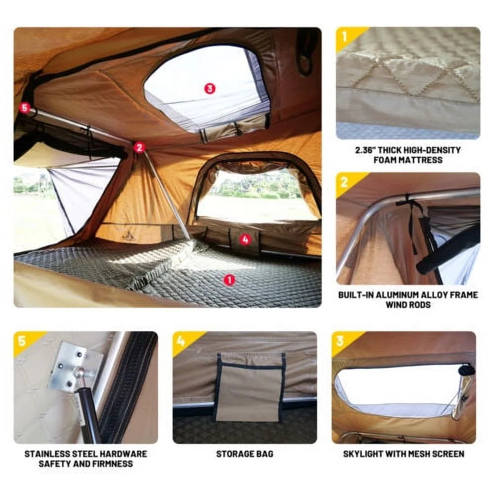 WOLFSTORM Hardshell Rooftop Tent, 2 - 3 Person, Khaki, Waterproof, 143.3 lb