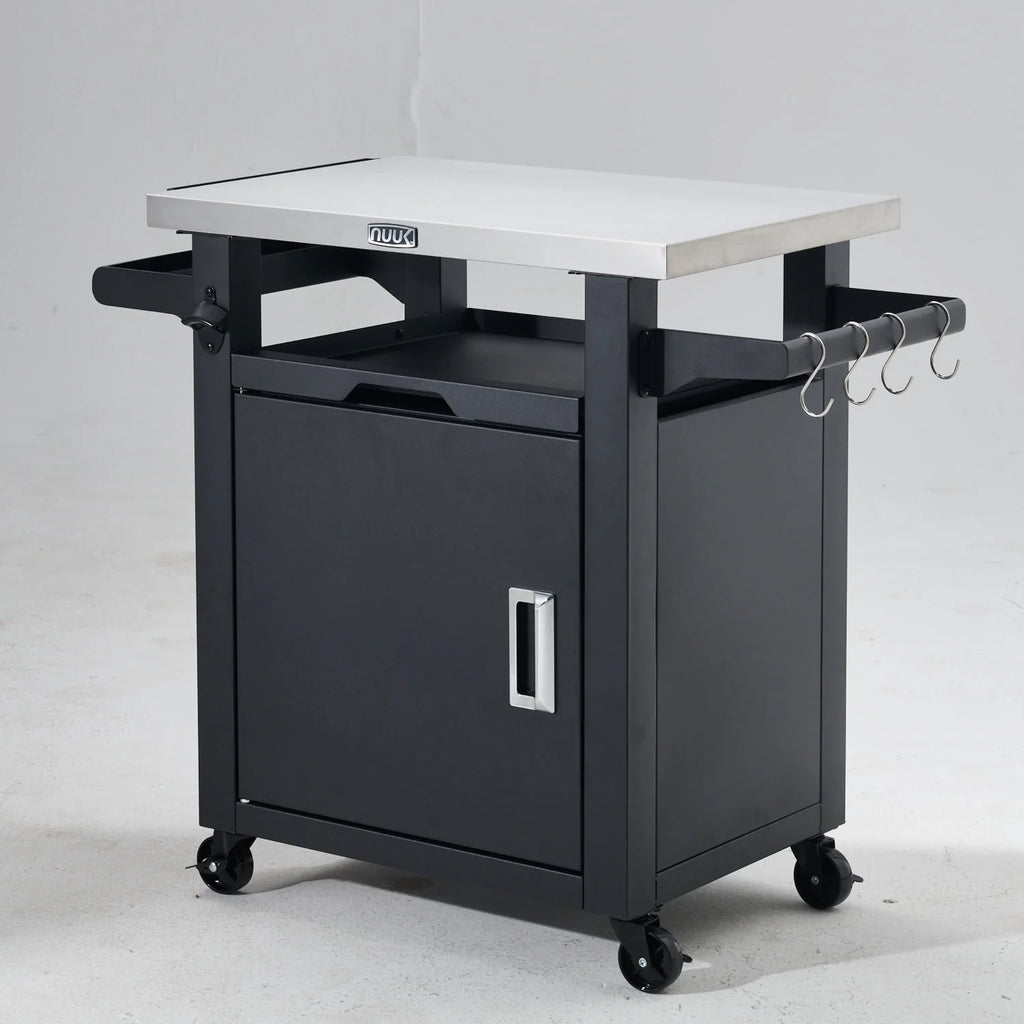 Deluxe 30IN Outdoor Rolling Grill Cook Station, Bar Table with Patio Storage Cabinet and Outdoor Dining Table, Black