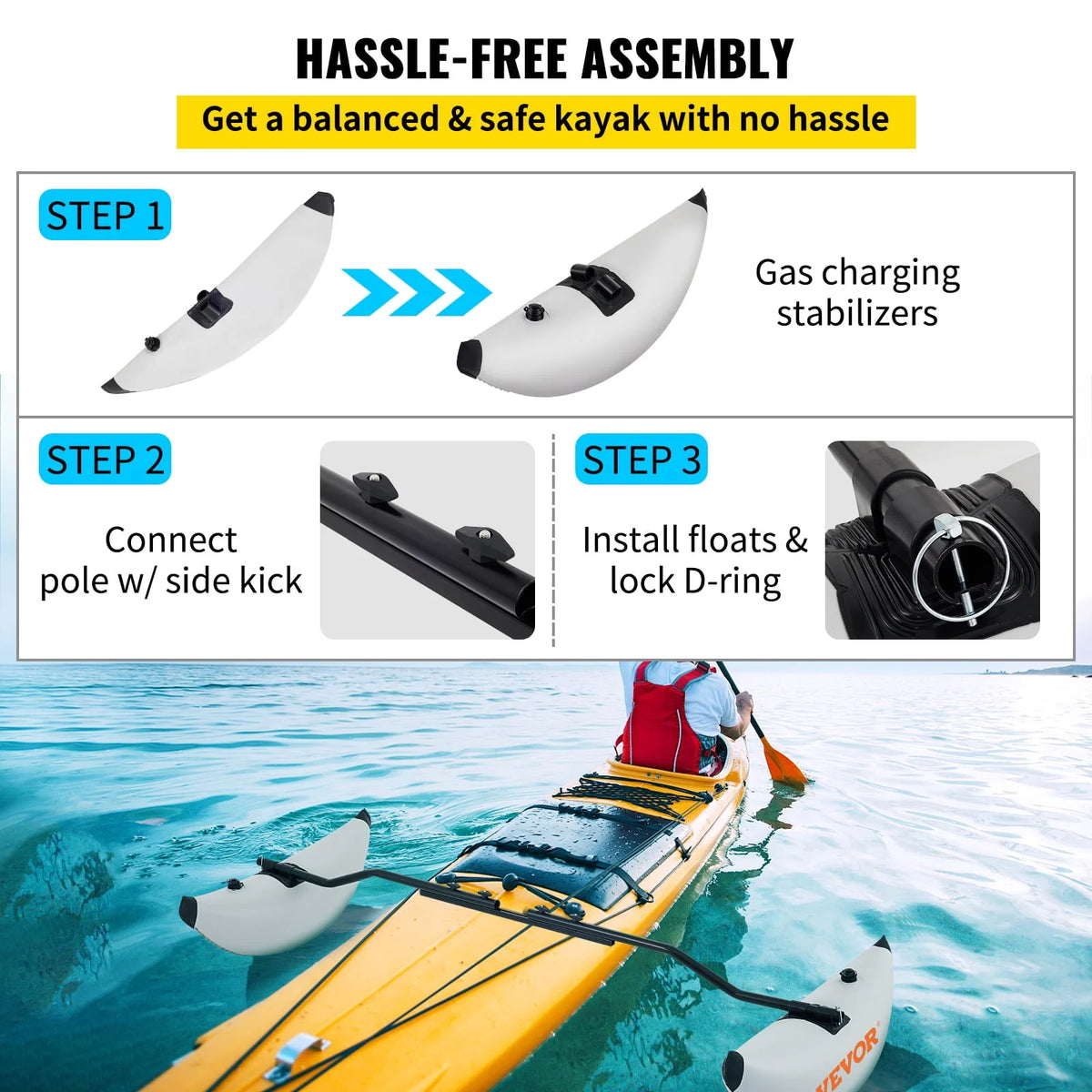 VEVOR Kayak Outrigger Stabilizer, 2 Pcs, PVC Inflatable Outrigger Float with Sidekick Arms Rod, Standing Float Stabilizer System Kit for Kayaks, Canoes, Fishing Boats