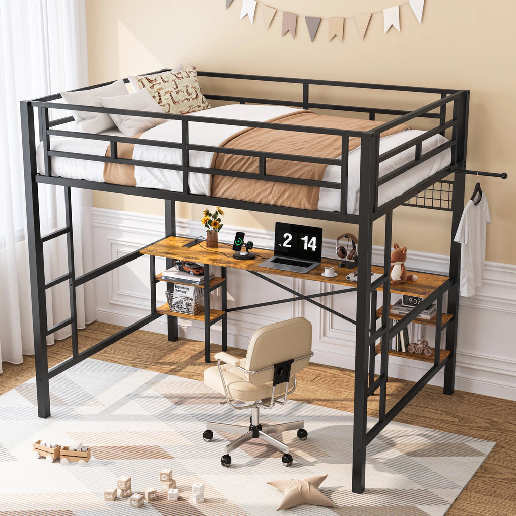 Twin Loft Bed with Desk, UHOMEPRO Metal Loft Bed with LED Lights, Charge Station, DIY Mesh, Clothes Rail, 4 Storage Shelves, Safety Rails and 2 Ladders, Loft Bed for Teen Adult, Black