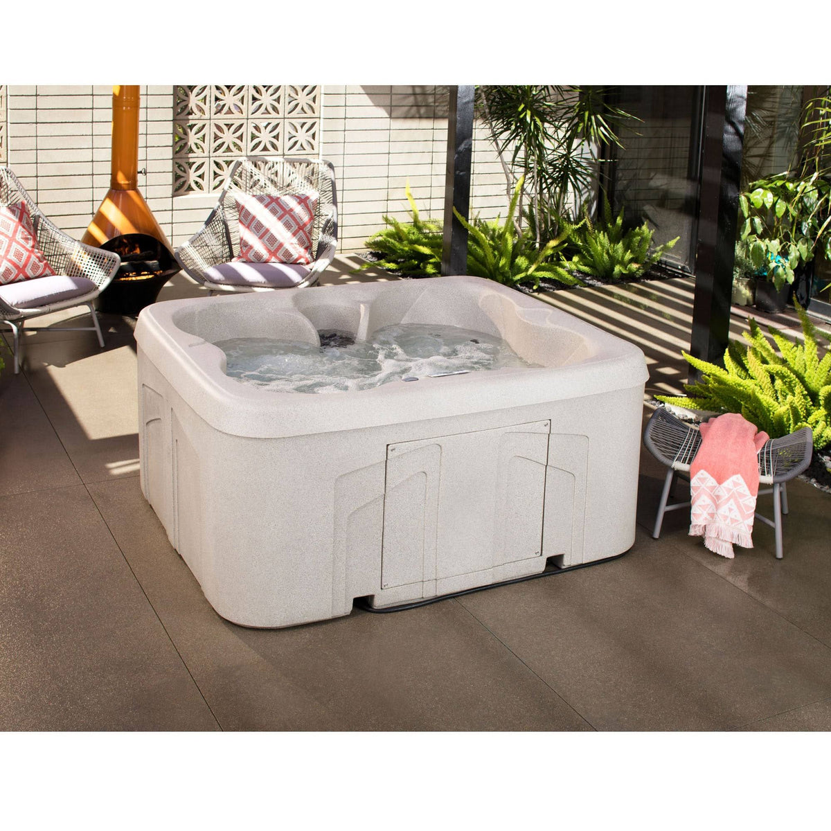 Lifesmart Spas 4 Person Plug & Play Square Hot Tub Spa w/ 13 Jets & Cover, Beige
