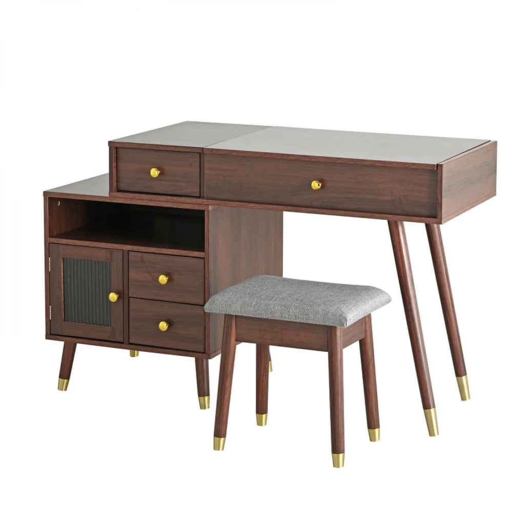 3 - in - 1 Vanity Desk with Lighted Flip - Top Mirror & Adjustable Cabinet, Makeup Dressing Table with Stool, Dresser with Drawers for Bedroom, White