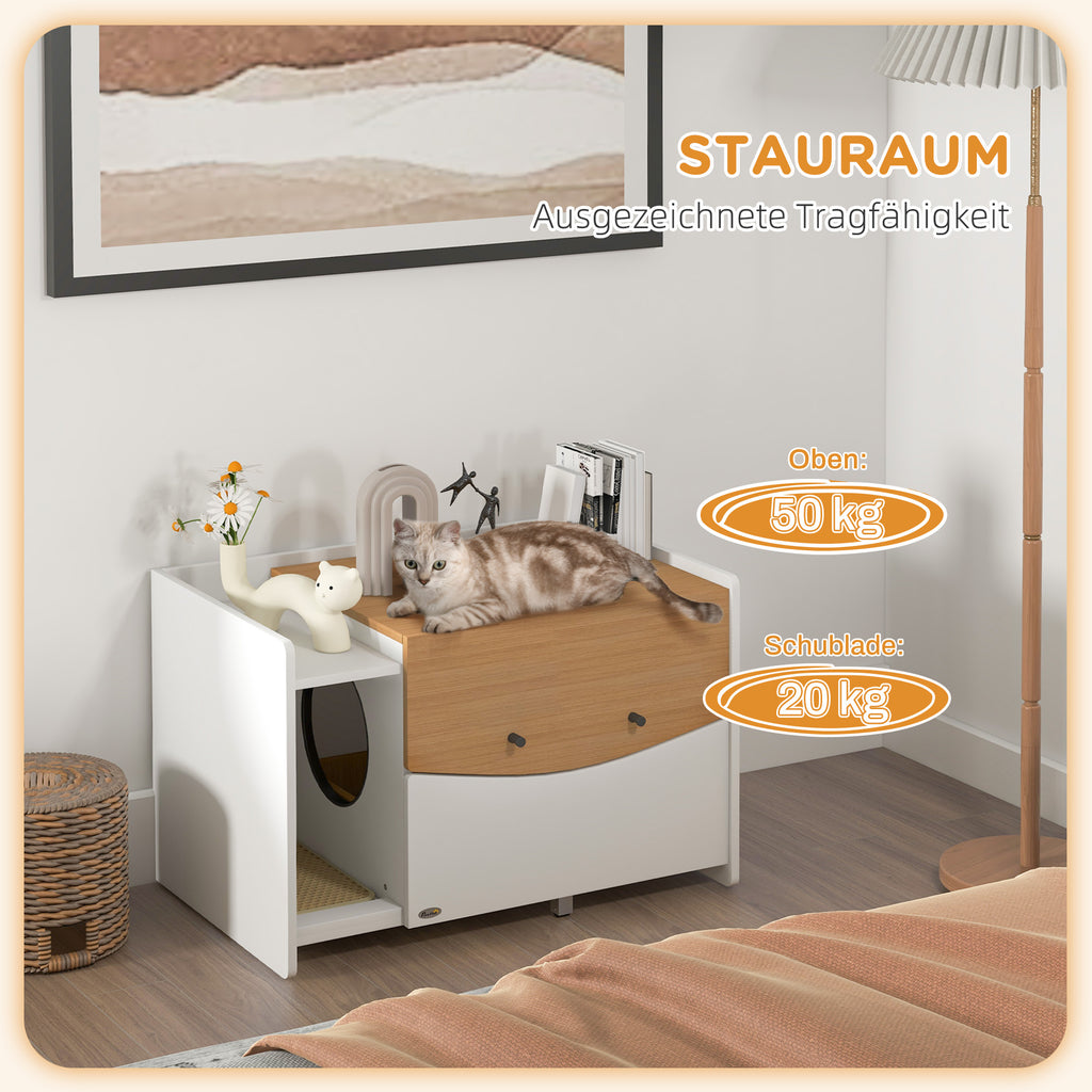 PawHut Katzentoilette, ausziehbar, Schrankdesign, Streufach, 78x50x51cm, Eiche/Weiß