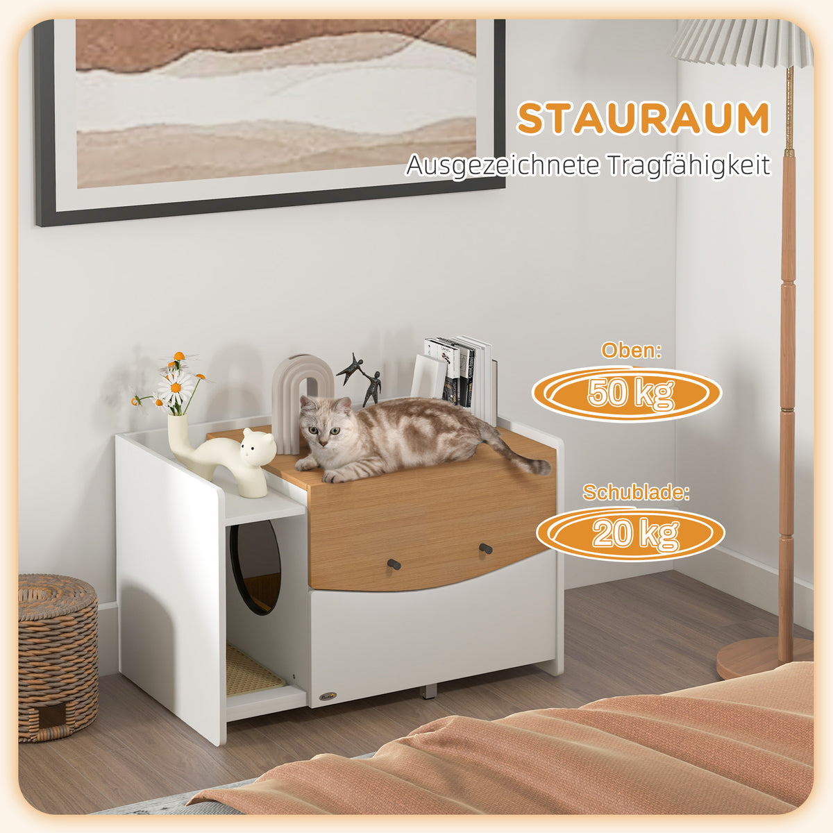 PawHut Katzentoilette, ausziehbar, Schrankdesign, Streufach, 78x50x51cm, Eiche/Weiß