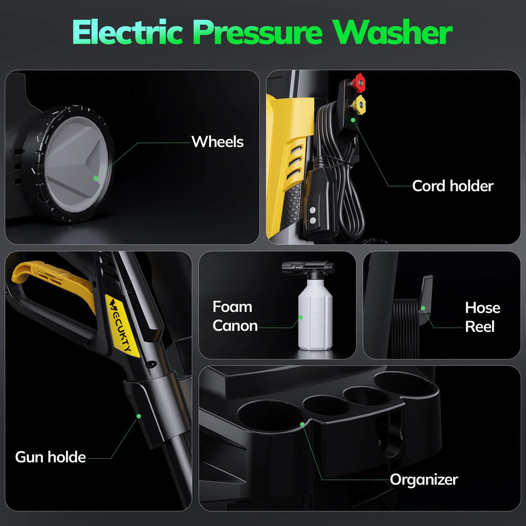 VECUKTY Electric Pressure Washer, 3700 PSI Max 2.5 GPM Power Washer with 35FT Cord, 20FT Hose, 4 Quick Nozzles, Foam Cannon for Car Garden Patio