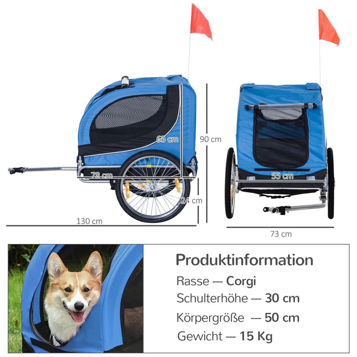 PawHut Fahrradanhänger bis 20kg Universalkupplung Sicherheitsanker Reflektor Stahl Blau+Schwarz
