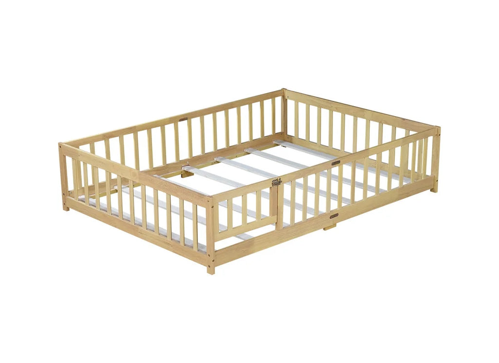 Bellemave Twin Size Floor Beds, Wood Montessori Bed with Fence Railings & Support Slats, No Box Spring Needed (Gray