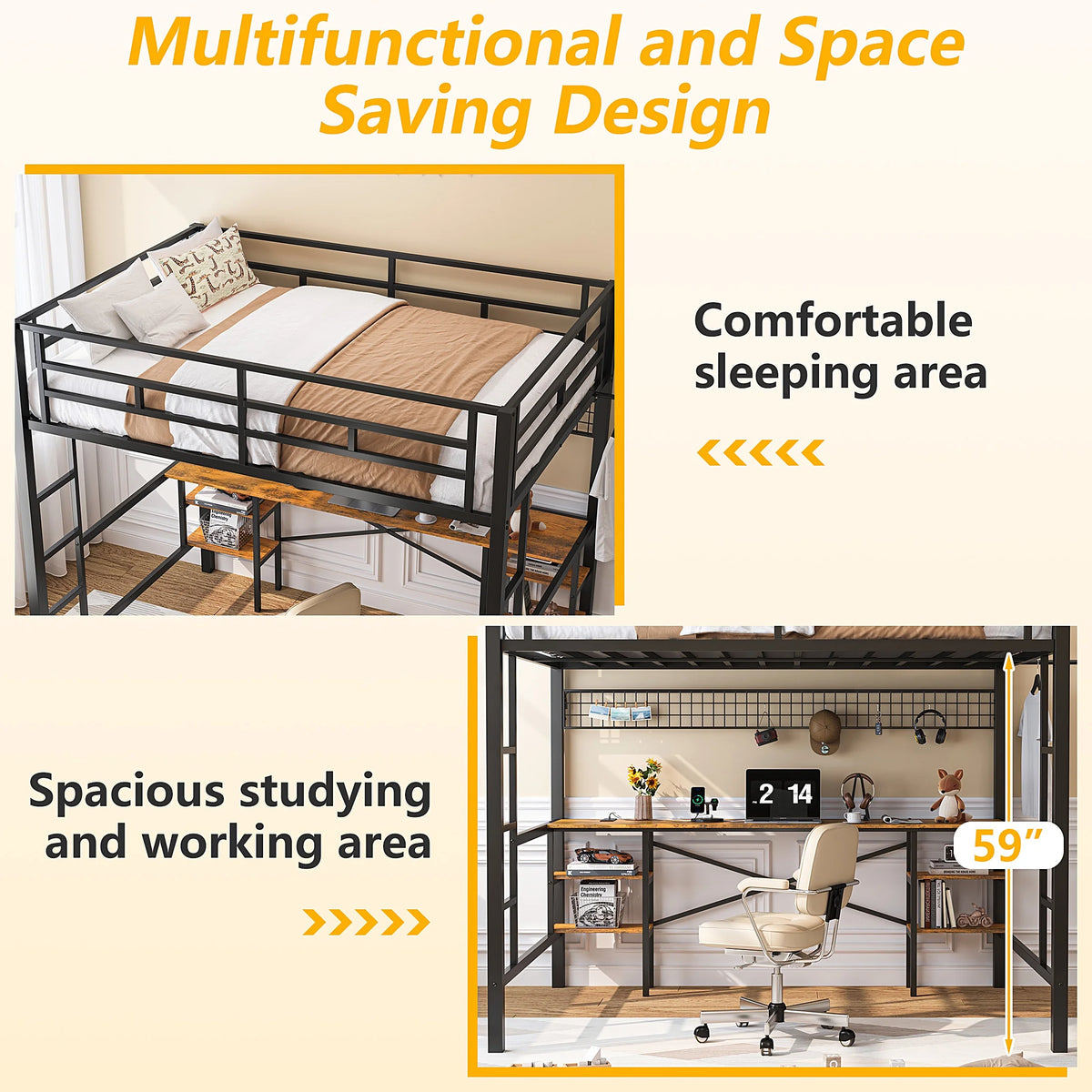 Twin Loft Bed with Desk, UHOMEPRO Metal Loft Bed with LED Lights, Charge Station, DIY Mesh, Clothes Rail, 4 Storage Shelves, Safety Rails and 2 Ladders, Loft Bed for Teen Adult, Black