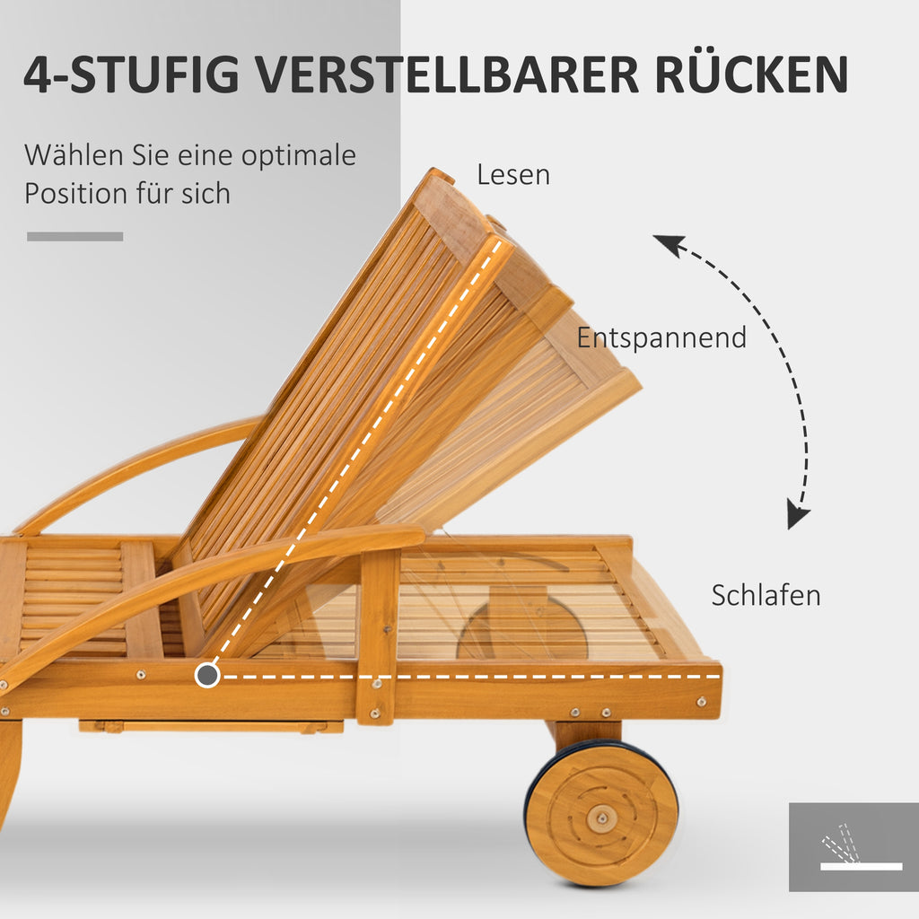 Outsunny Sonnenliege Holz klappbar Gartenliege mit Seitentisch, Rolle, 4-Fach verstellbare Rückenlehne Teak