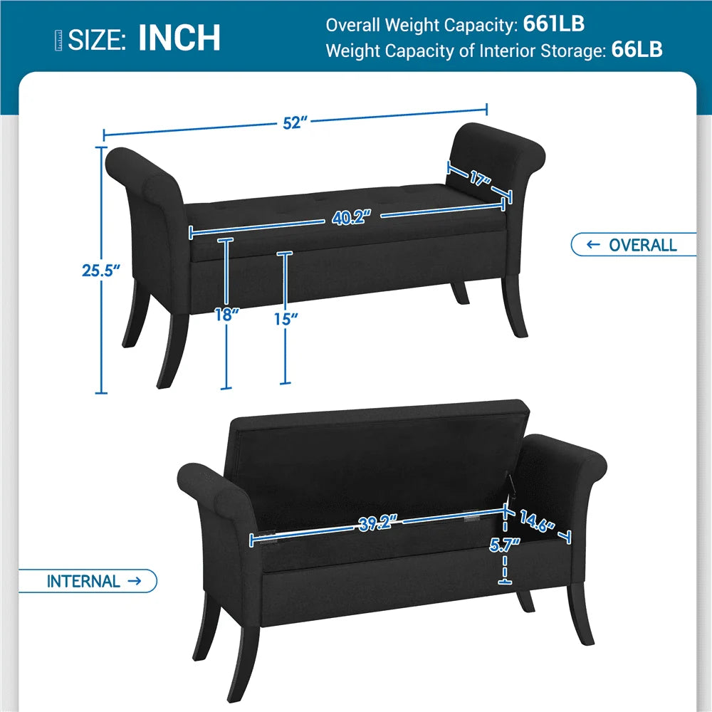 SMILE MART Modern Fabric Tufted Storage Bench with Rolled Arms for Home, Black